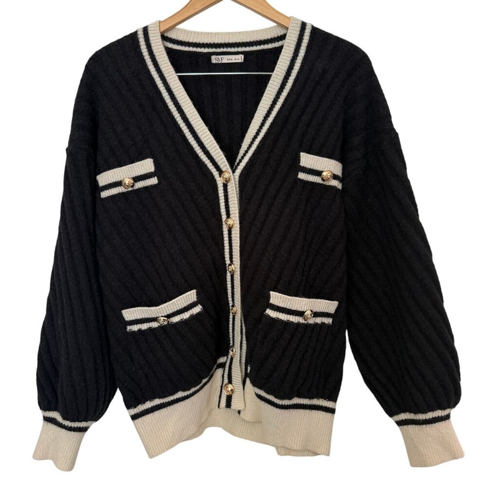 Women SMF Varsity Black/Cream Office/Workwear Knit Cozy Cardigan Sweater-XL